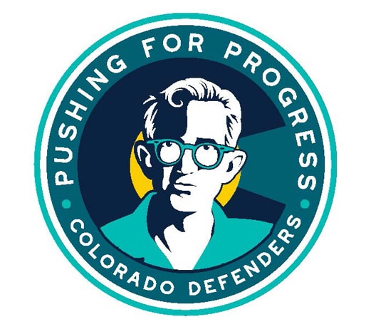 Stylized image of Mr. Gideon's Headshot that includes the call to "Push for Progress, Colorado Public Defenders."